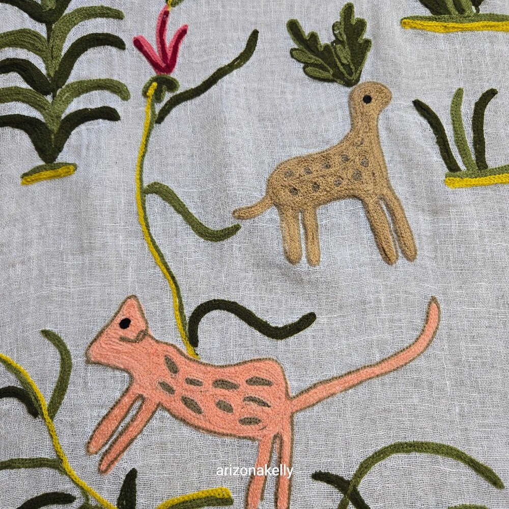 Tolani Linen Scarf Embroidered With Whimsical Animals and Plants - Picture 7 of 11